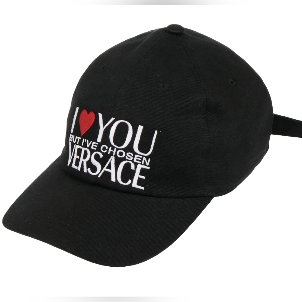 VERSACE I Love You Baseball Hat w Metal Medusa Adjust Buckle Blk XL Size 60 - Picture 1 of 7